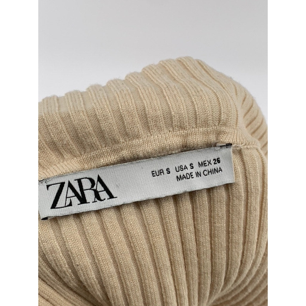 ZARA Women's Beige Rib Knit Off-The-Shoulder V-Neck Cropped Sweater Top SZ S