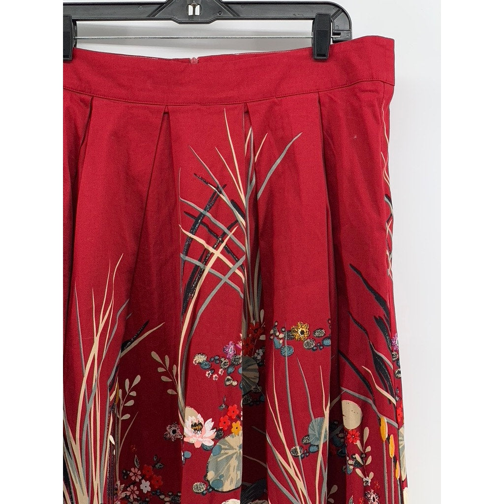 UNBRANDED Women's Plus Red Printed A-Line Pleated Knee Skirt SZ 3XL