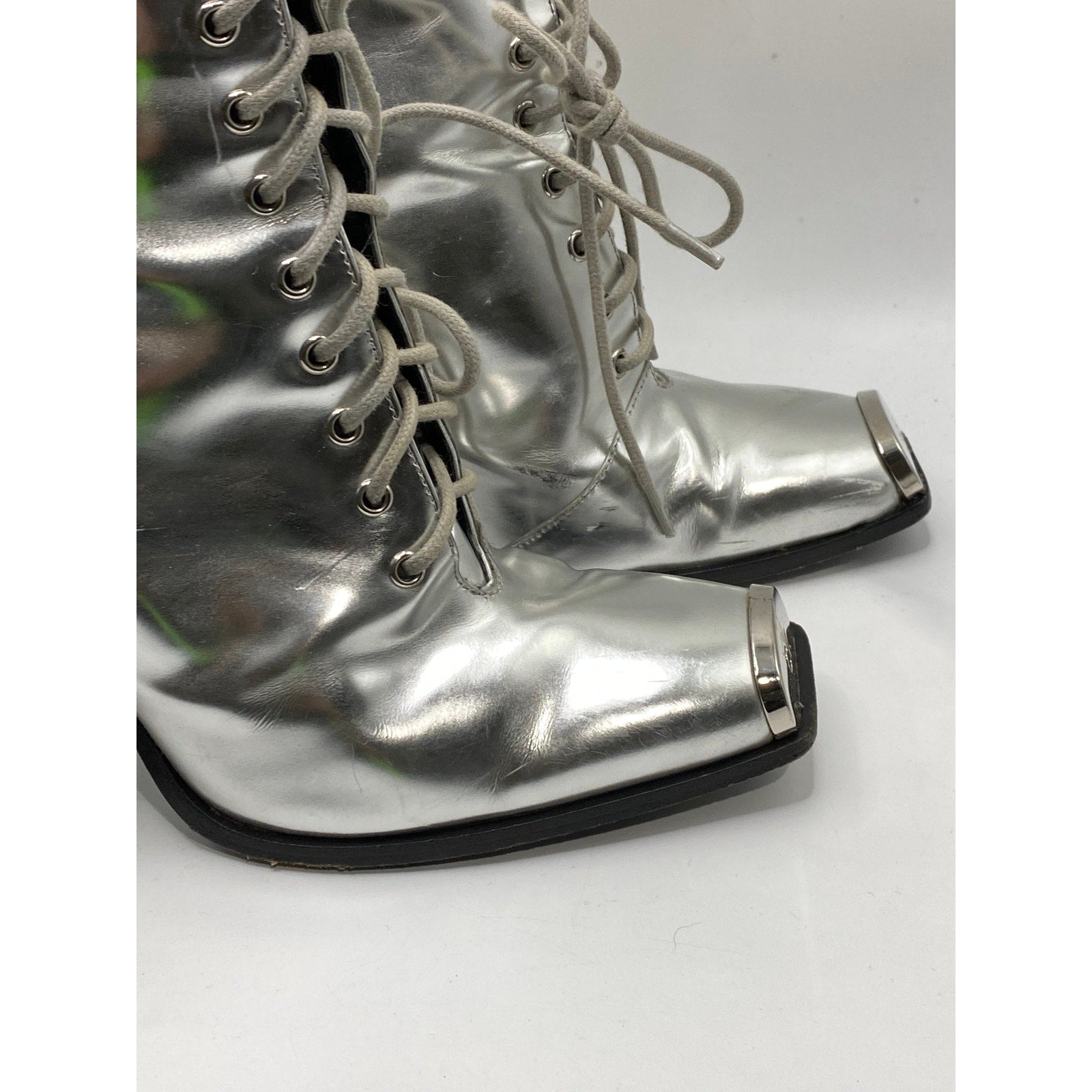 CALVIN KLEIN Women's Silver Metallic Windora Mid Lace-Up Grunge Boots SZ 5