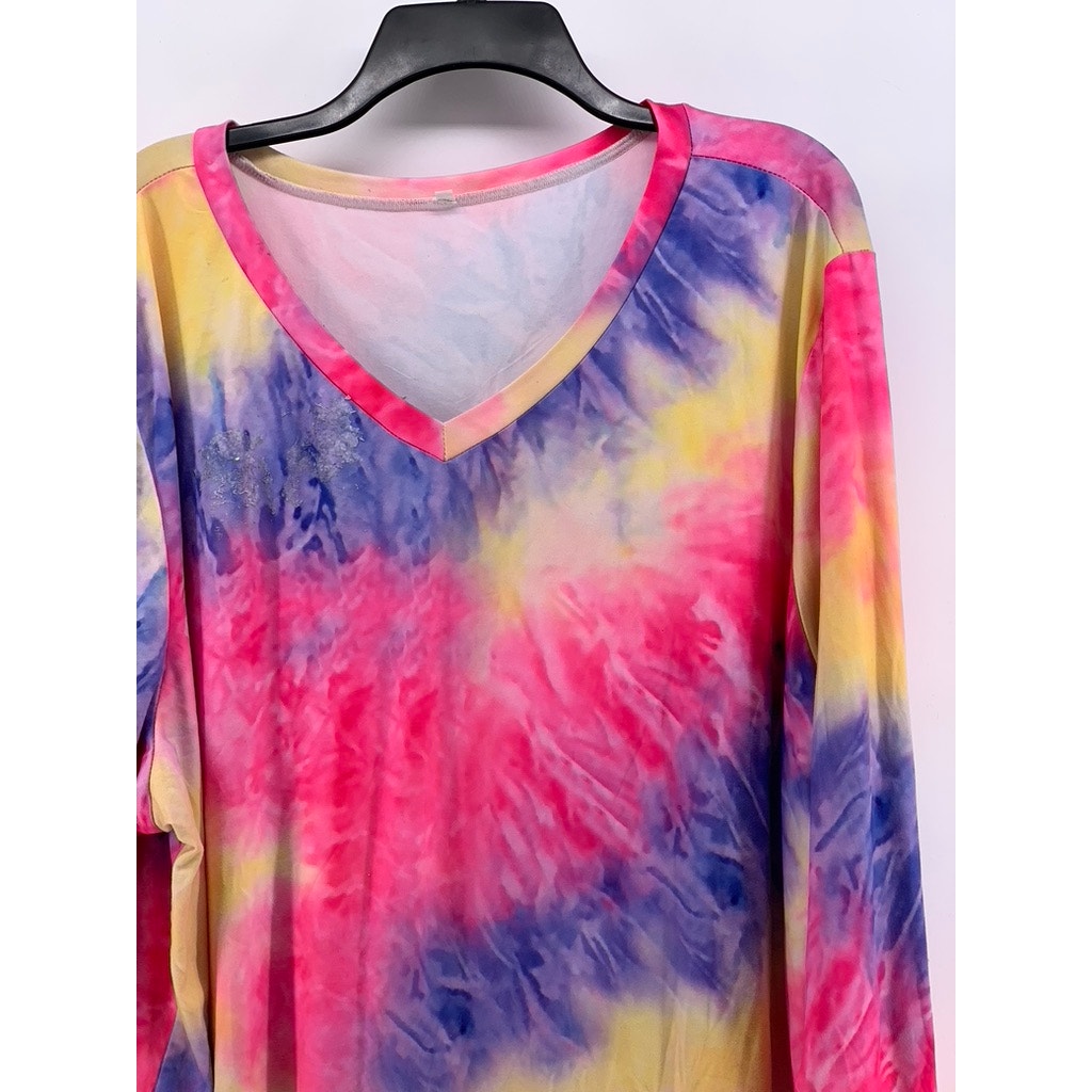 UNBRANDED Women's Plus Pink-Multi Tie-Dye Long Sleeve V-Neck Top SZ 26W