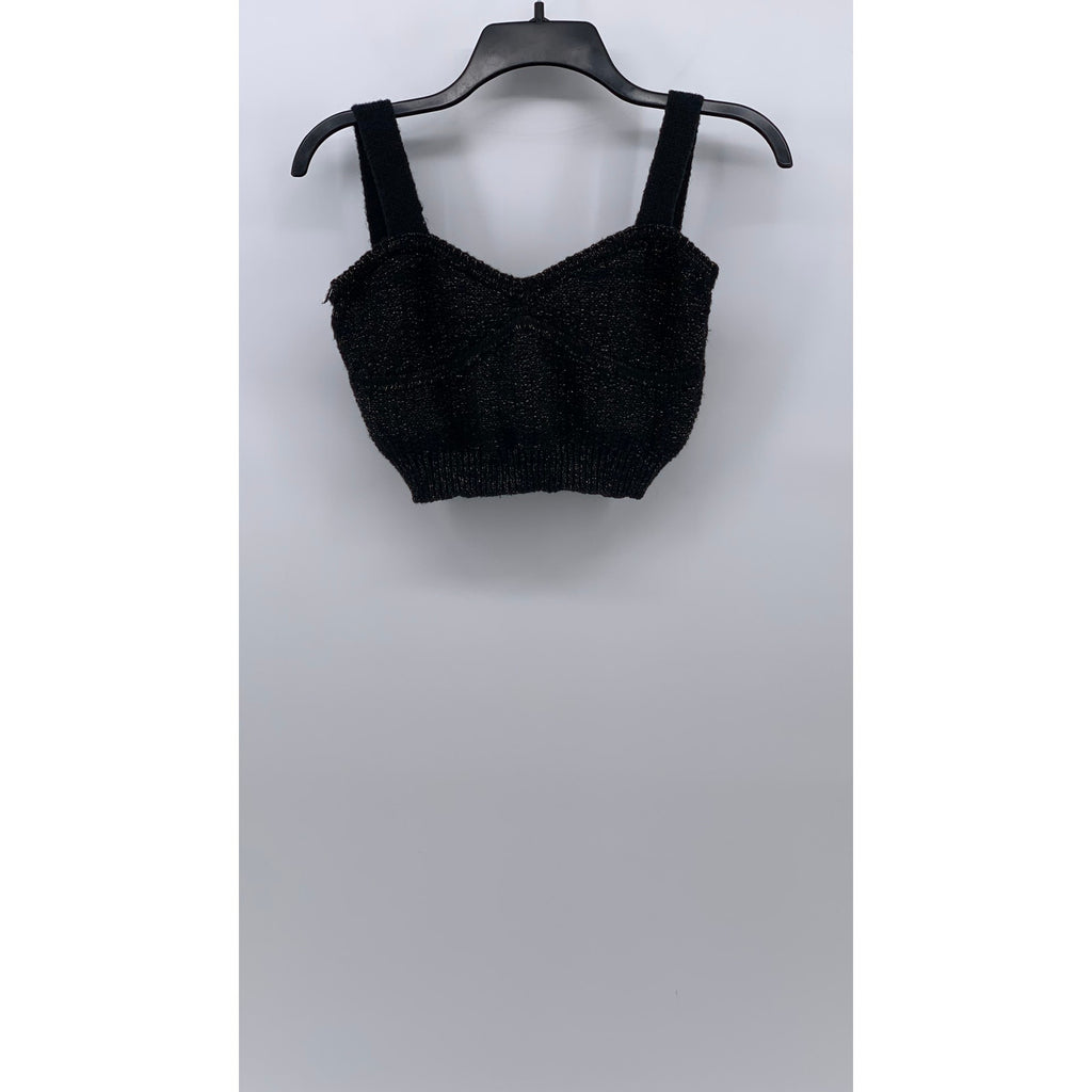 UNBRANDED Women's Black Silver Metallic V-Neck Knit Cropped Tank Top SZ M