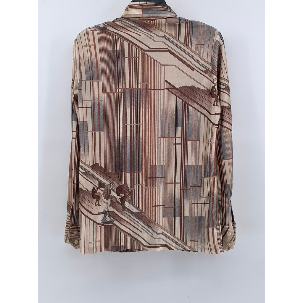 KENNINGTON Men's Vintage Brown Striped Button-Up Long Sleeve Shirt SZ M