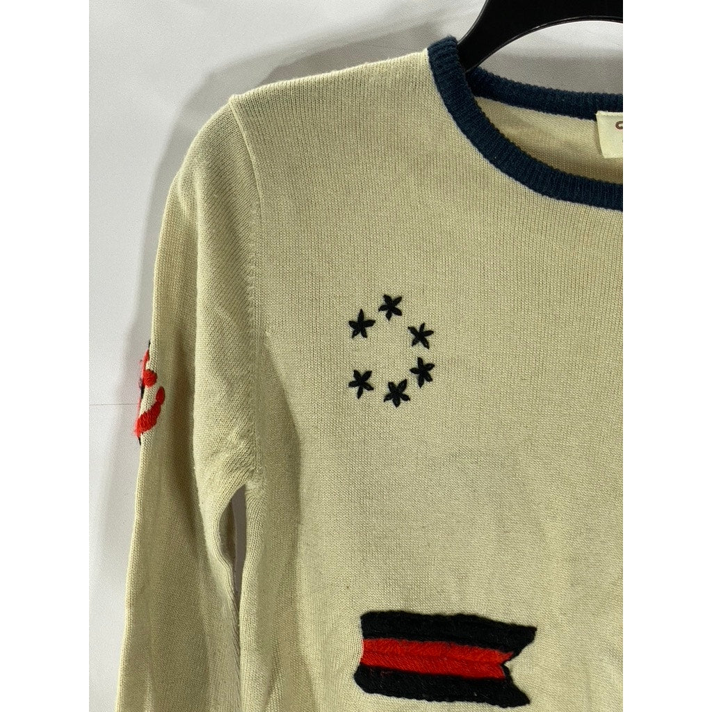 TATYANA Women's Tan-Navy Vintage Patriotic Embroidered Knit 90's Sweater SZ L