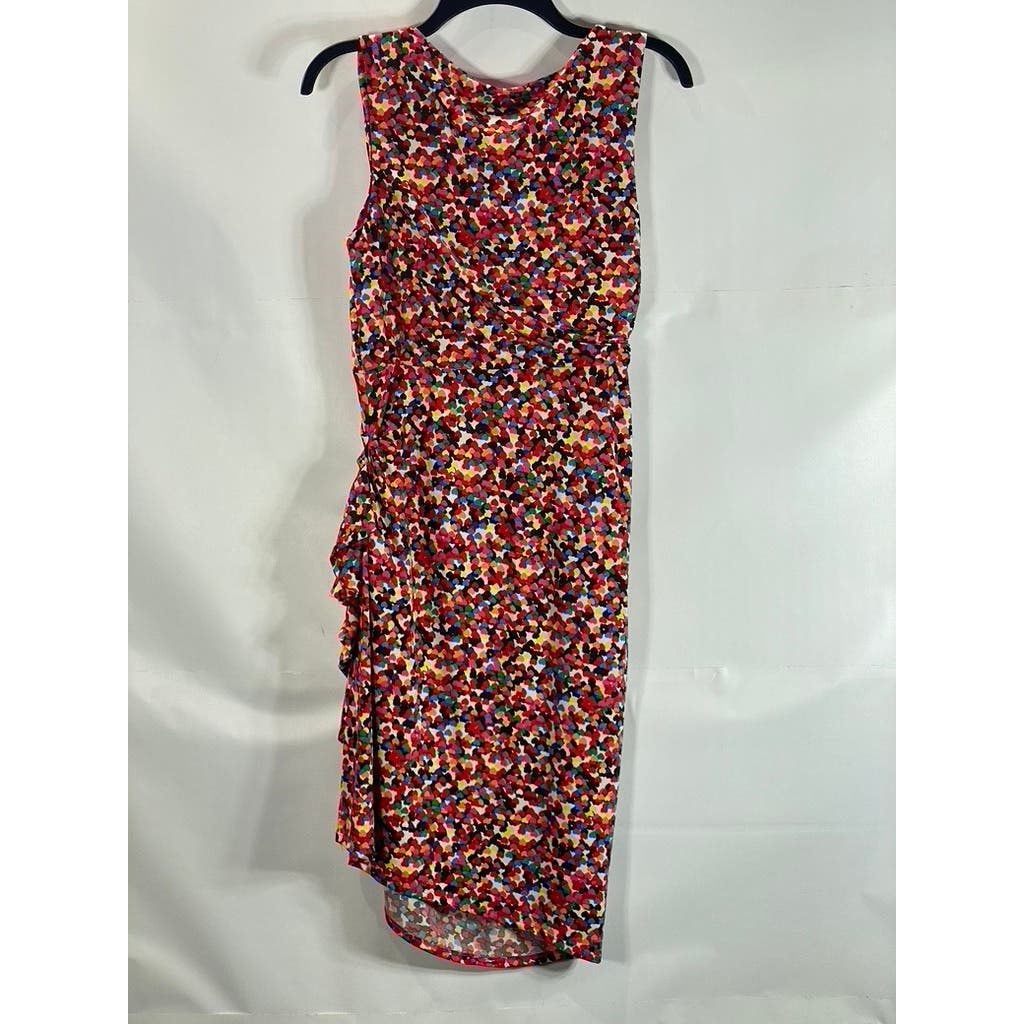 BETSEY JOHNSON Women's Multi Heart Print Scoop-Neck Sleeveless Ruched Dress SZ10