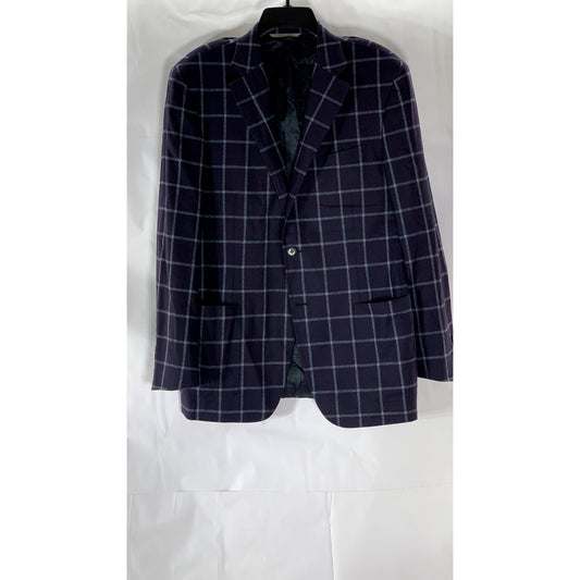 CANALII Men's Navy Windowpane Two-Button Notch Collar Long Sleeve Blazer SZ 34R