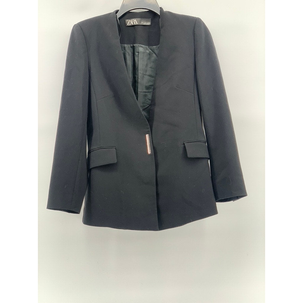 ZARA Women’s Black Solid Chic Collarless Long Sleeve Blazer SZ S