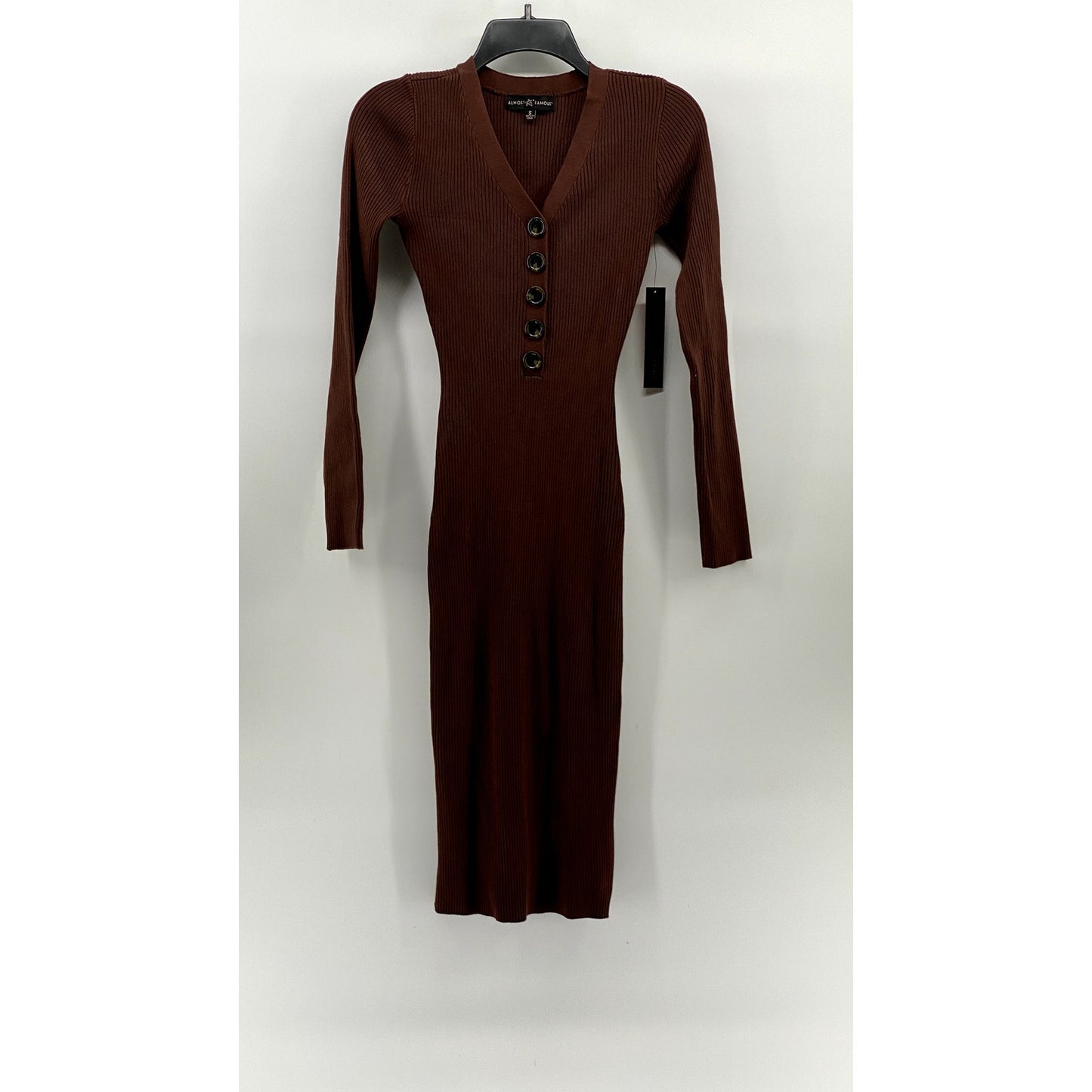 ALMOST FAMOUS Women's Brown Ribbed Henley Long Sleeve Bodycon Midi Dress SZ S