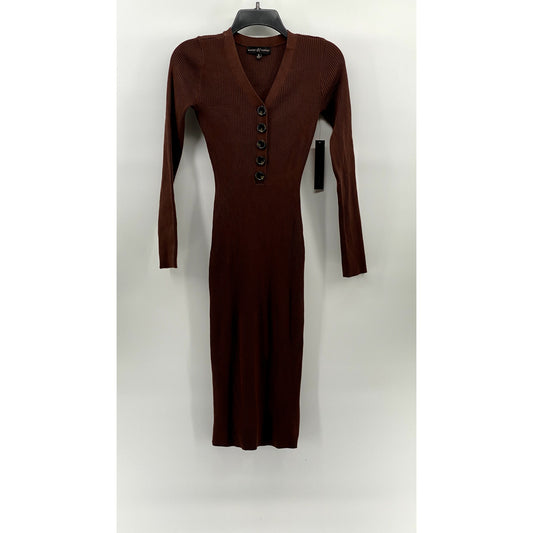 ALMOST FAMOUS Women's Brown Ribbed Henley Long Sleeve Bodycon Midi Dress SZ S