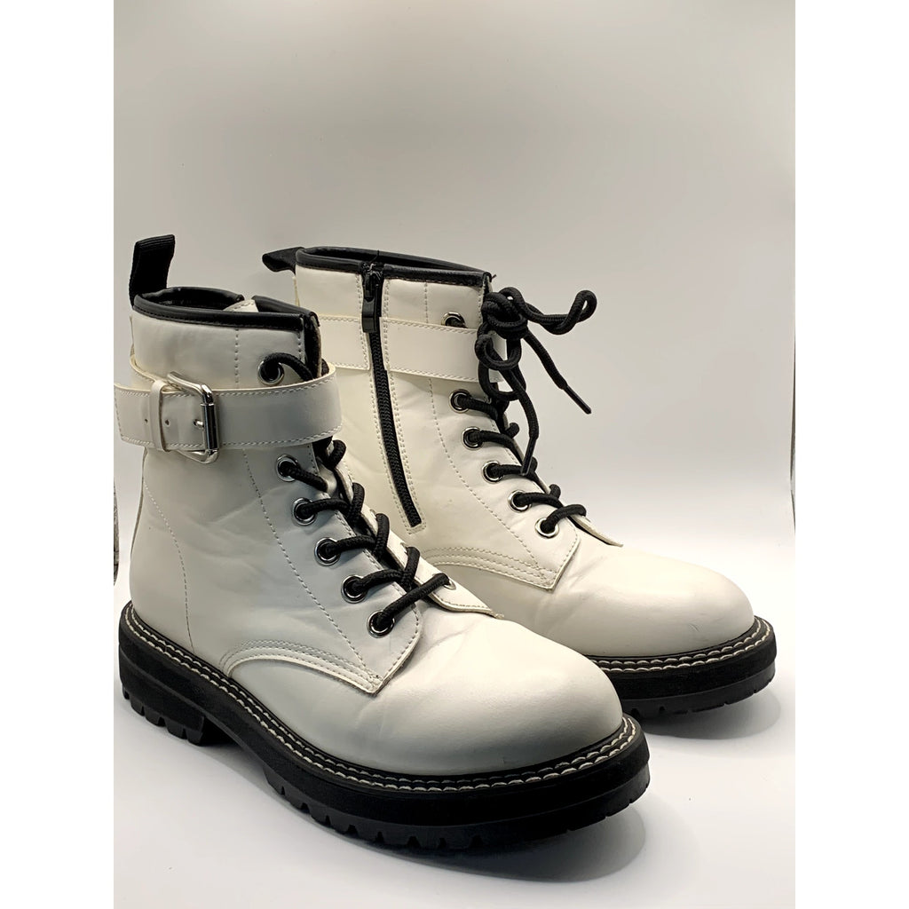 DUNES Women's White Chaplin Faux-Leather Side-Zip Lace-Up Combat Boots SZ 8.5