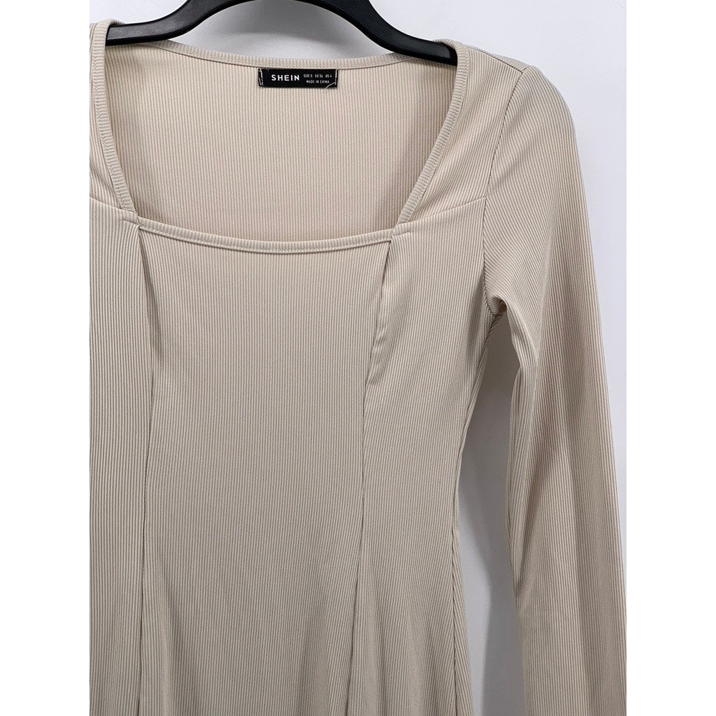 SHEIN Women's Beige Ribbed Square-Neck Slit Bodycon Dress SZ S