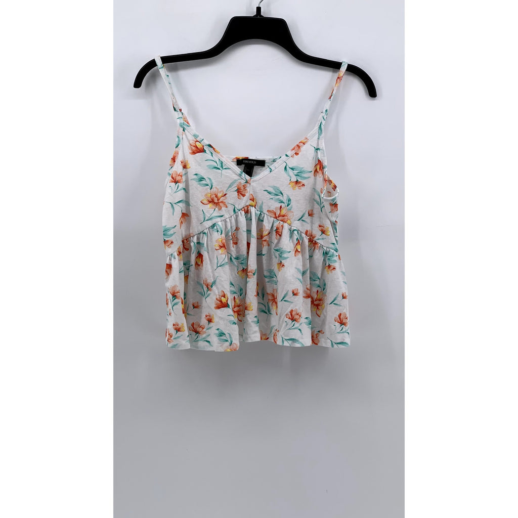 FOREVER 21 Women's White Floral V-Neck Ruffle Tank Top SZ S