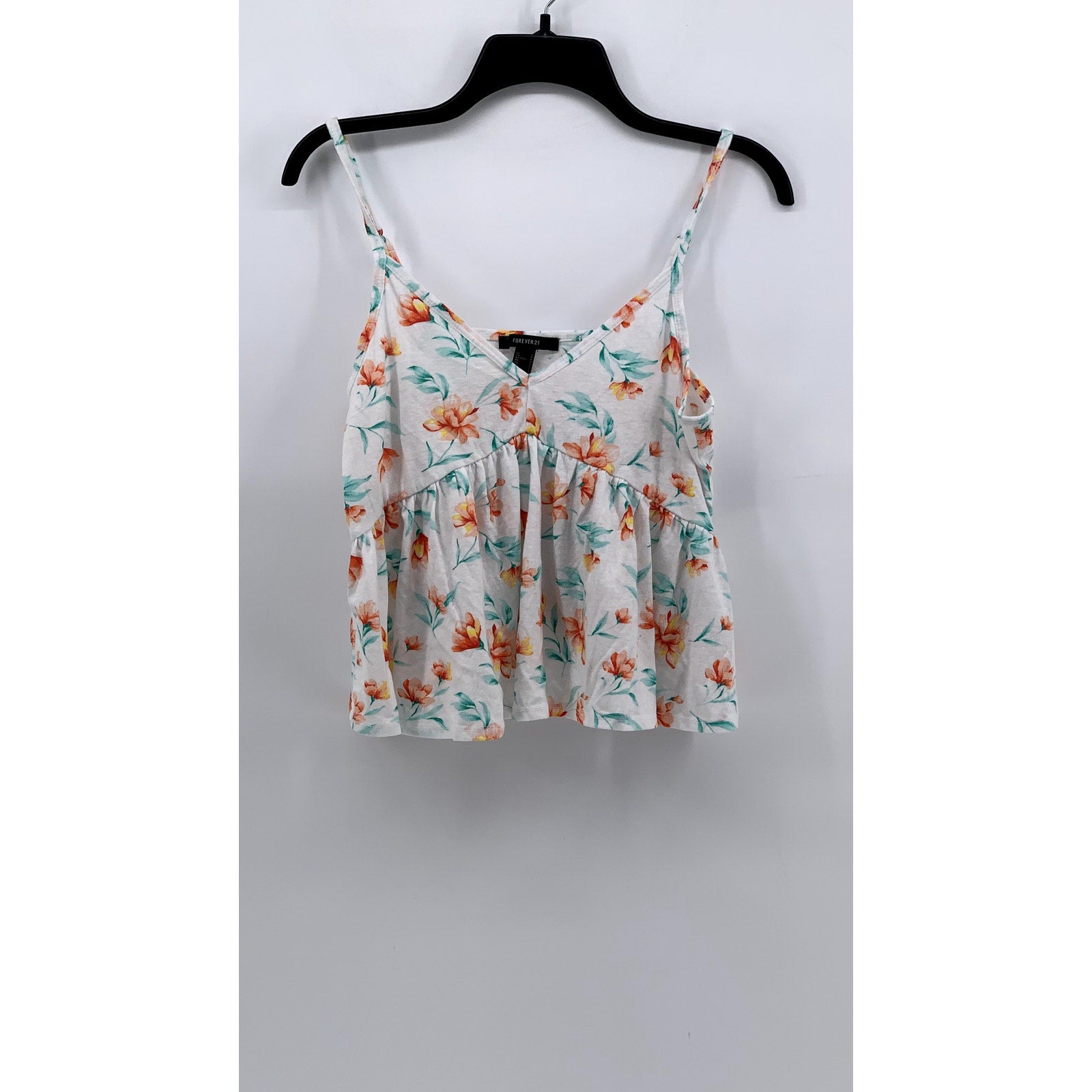 FOREVER 21 Women's White Floral V-Neck Ruffle Tank Top SZ S