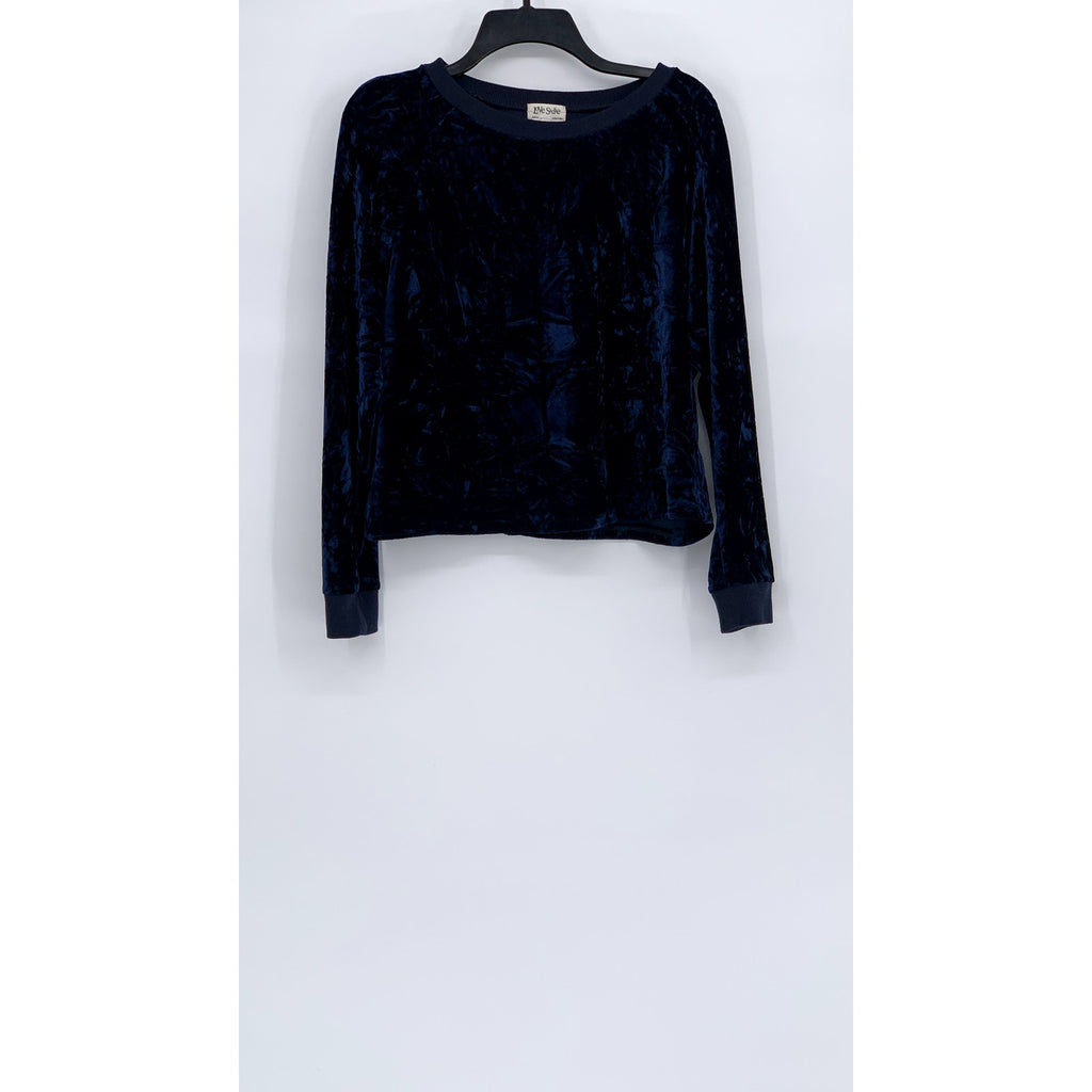 LOVE SADIE Women's Blue Crushed Velvet Crewneck Long Sleeve Pullover Sweater SZM