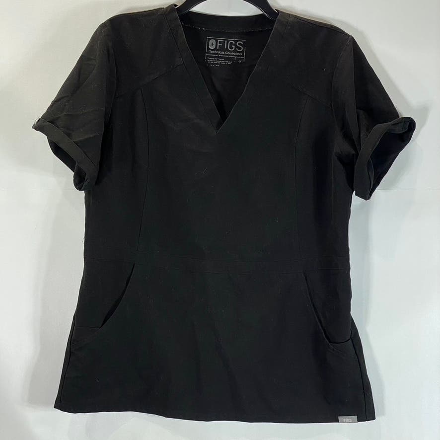 FIGS Technical Collection Women's Black Solid V-Neck Short Sleeve Scrub Top SZ M