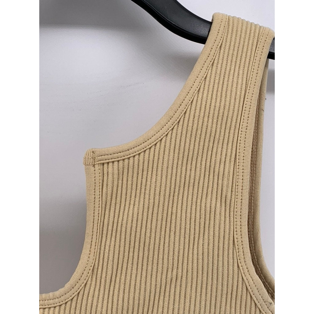 UNBRANDED Women's Tan Split Neck Ribbed Crop Top SZ S