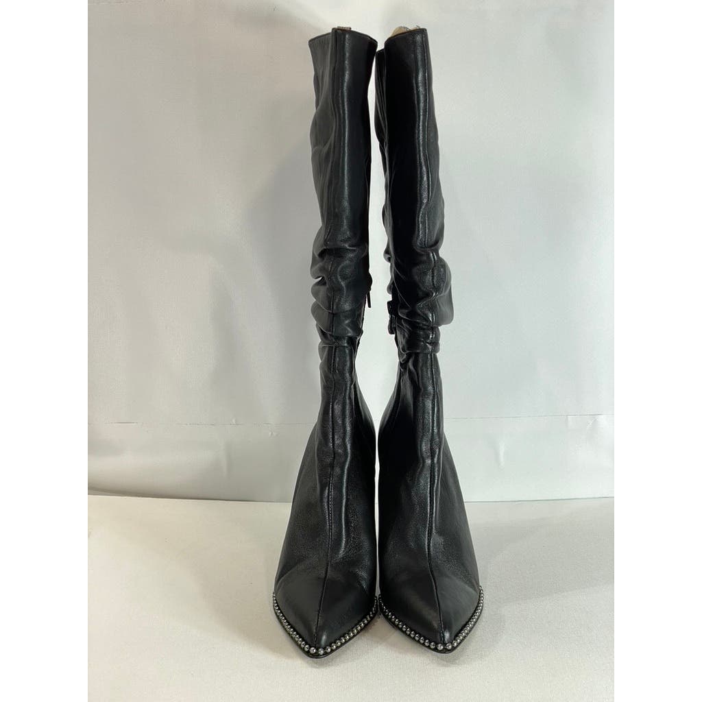 BCBGENERATION Women's Black Leather Harbi Pointed-Toe Stone Knee-High Boots SZ 8