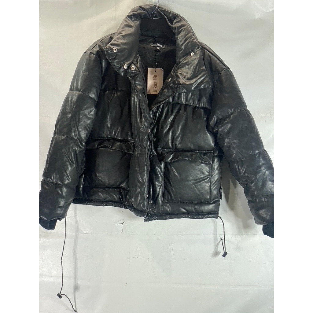 MISSGUIDED Women's Black Faux-Leather Mock-Neck Double-Closure Puffer Jacket SZ2