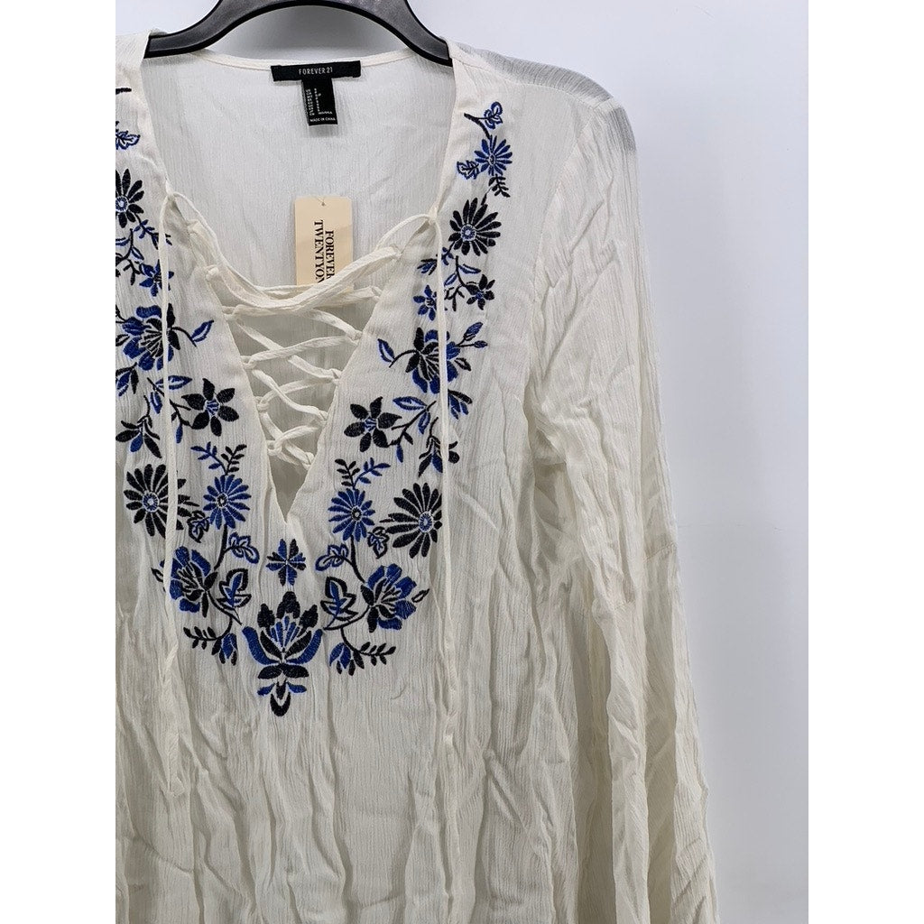 FOREVER 21 Women's White-Navy Embroidered Lace-Up Long Sleeve Dress SZ S