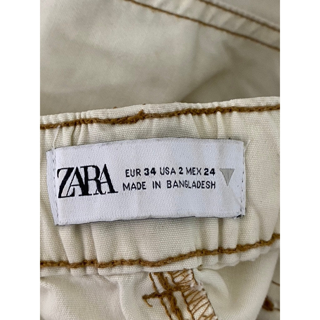 ZARA Women's Beige Elastic-Hem Drawstring  Cargo Pull-On Pant SZ 2