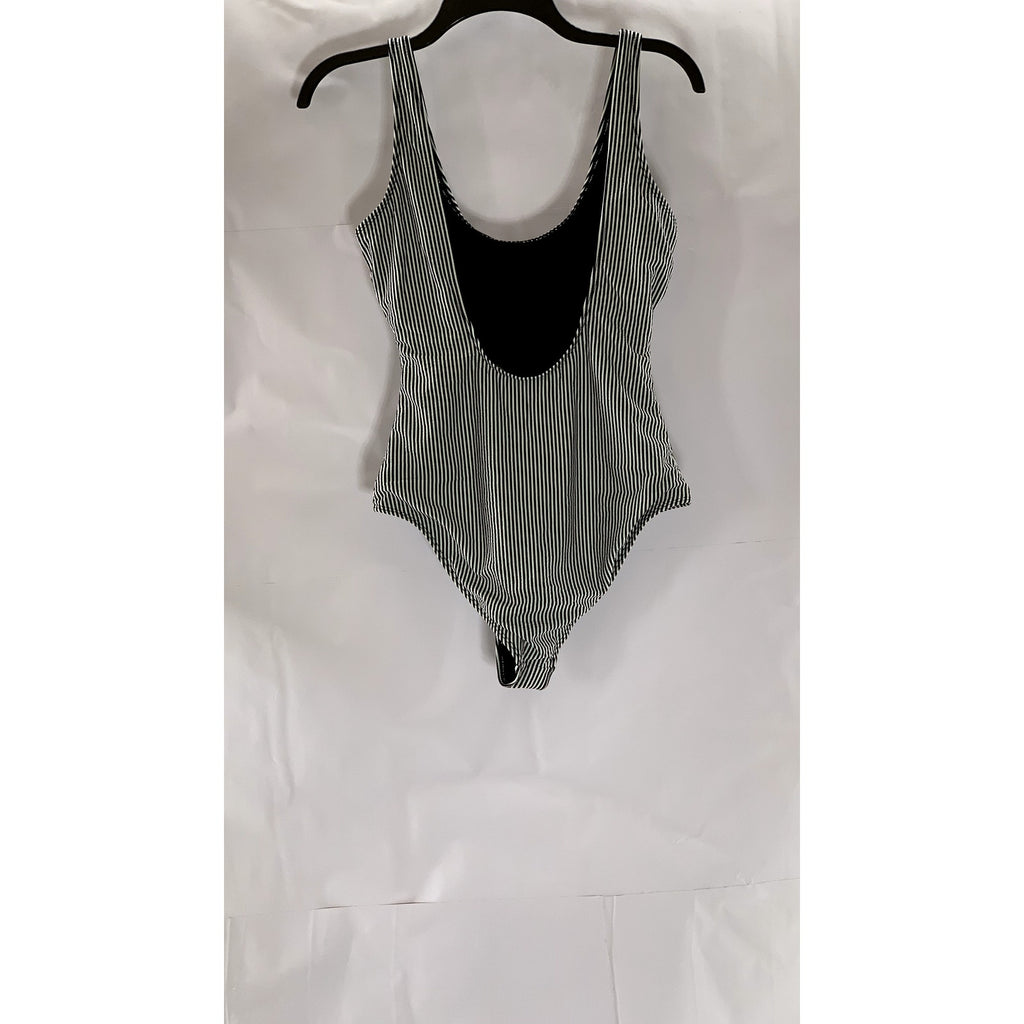UNBRANDED Women's Black-White Striped Deep Scoop-Neck Swimsuit SZ XS