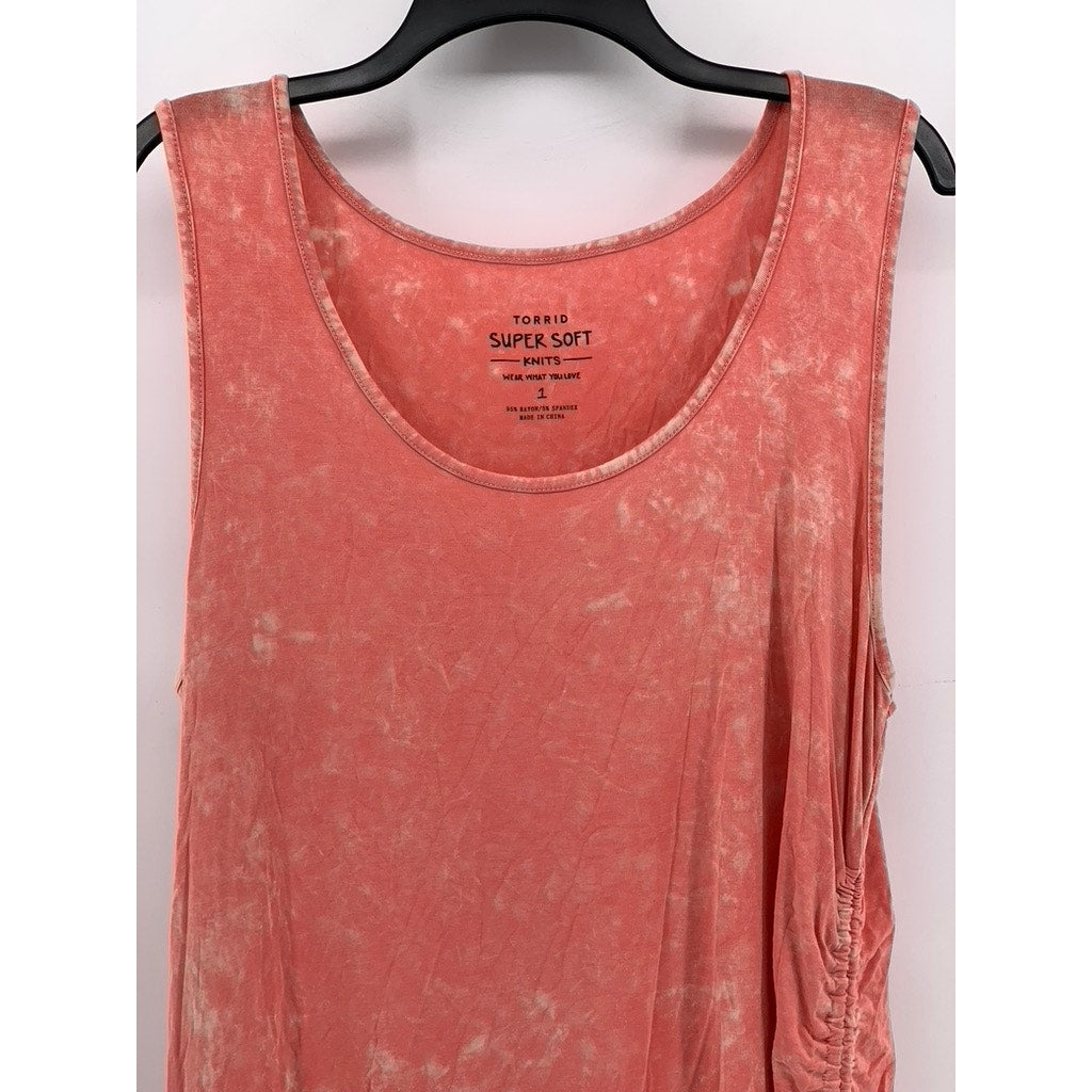 TORRID Women's Peach Tie-Dye Super Soft Knits Side Ruched Maxi Dress SZ 1