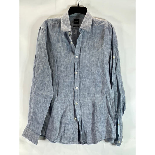 BOSS HUGO BOSS Men's Blue Pure Linen Chambray Regular-Fit Button-Up Shirt SZ M
