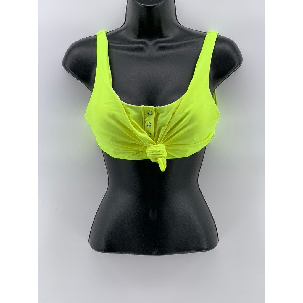 NO BOUNDARIES Women's Neon Green Button-Up Tie-Front Bikini Top SZ M