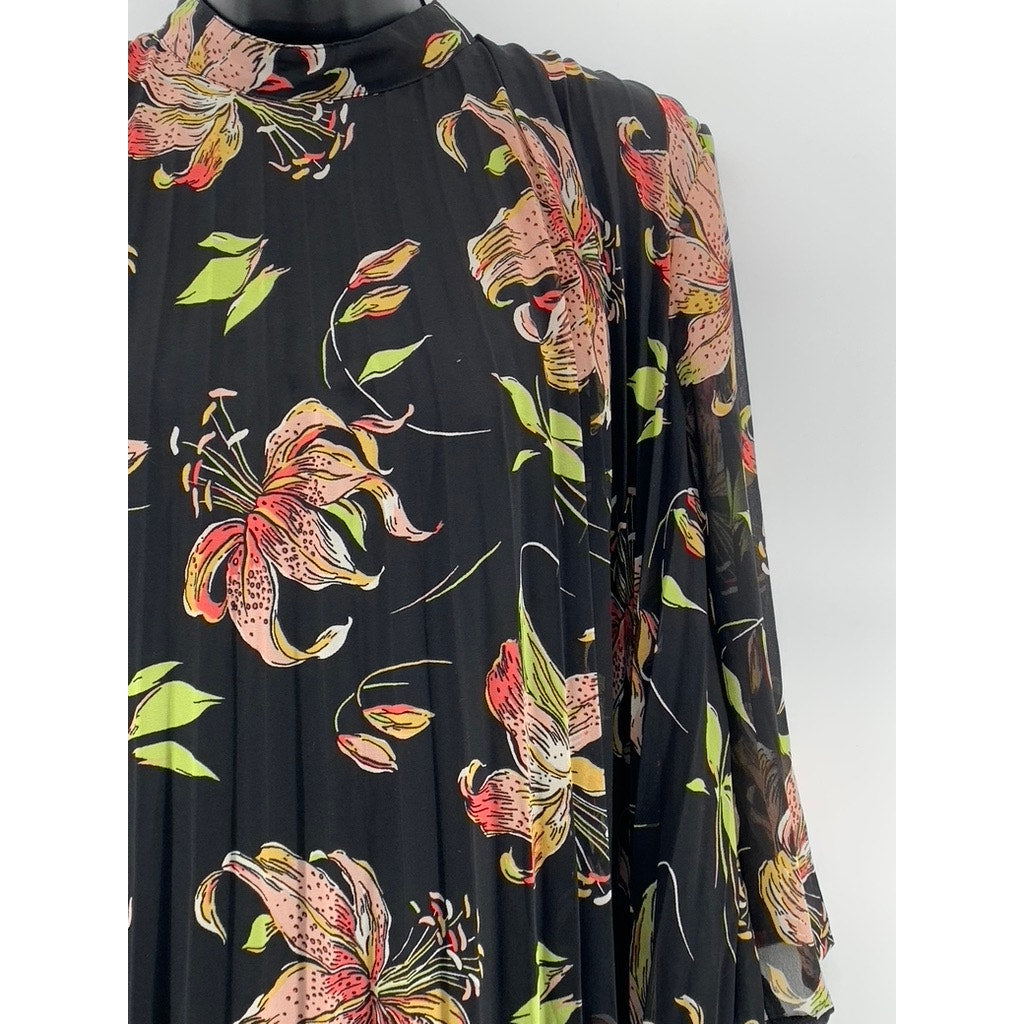 ASOS Women's Black Floral Print Long Sleeve Pleated A-Line Knee Length Dress SZ8