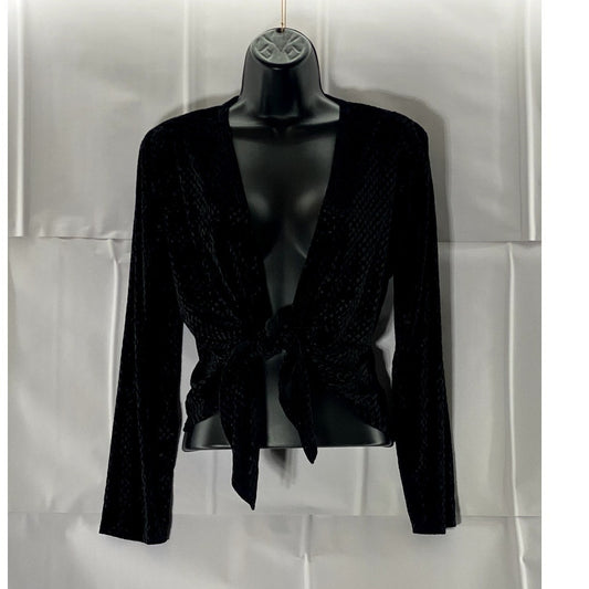 UNBRANDED Women's Black Velvet Long Sleeve V-Neck Tie-Front Top SZ M