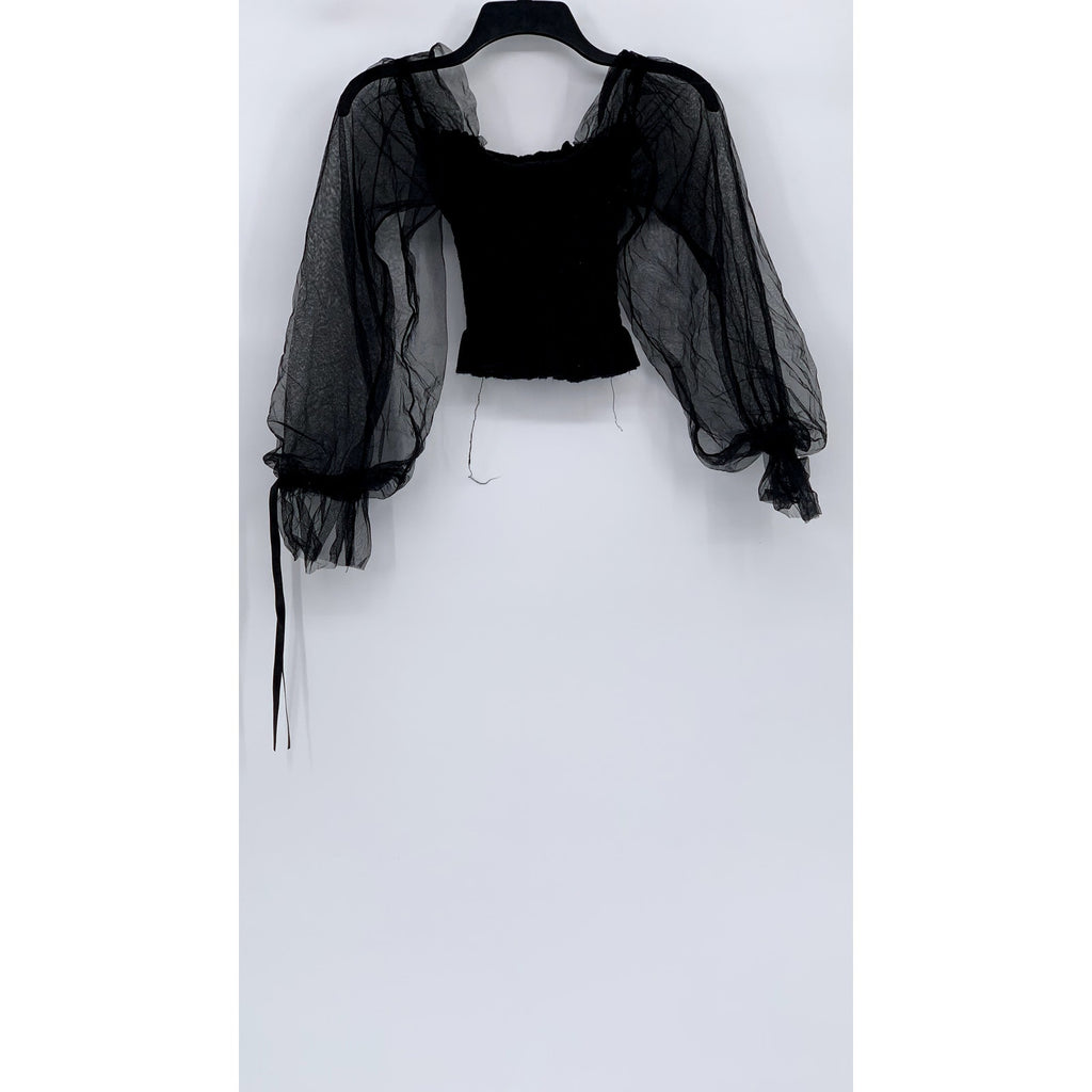UNBRANDED Women’s Black Mesh Balloon Long Sleeve Smocked Crop Top SZ XS