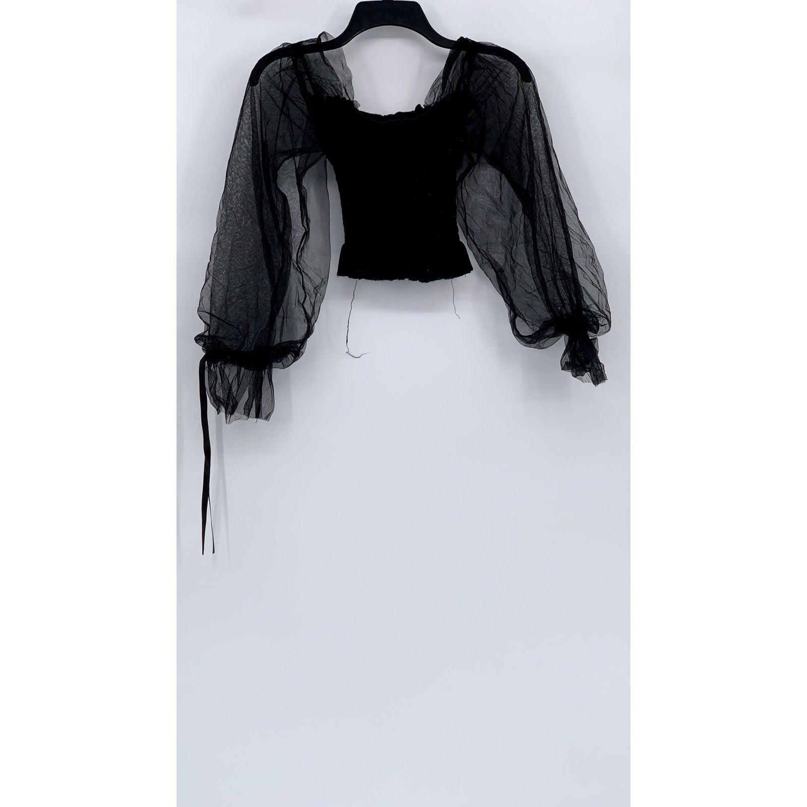 UNBRANDED Women’s Black Mesh Balloon Long Sleeve Smocked Crop Top SZ XS