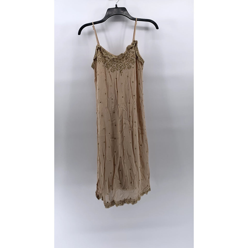 LOVE SAM Women's Petite Beige Sequin Embellished Sheer V-Neck Mini Dress SZ S/P