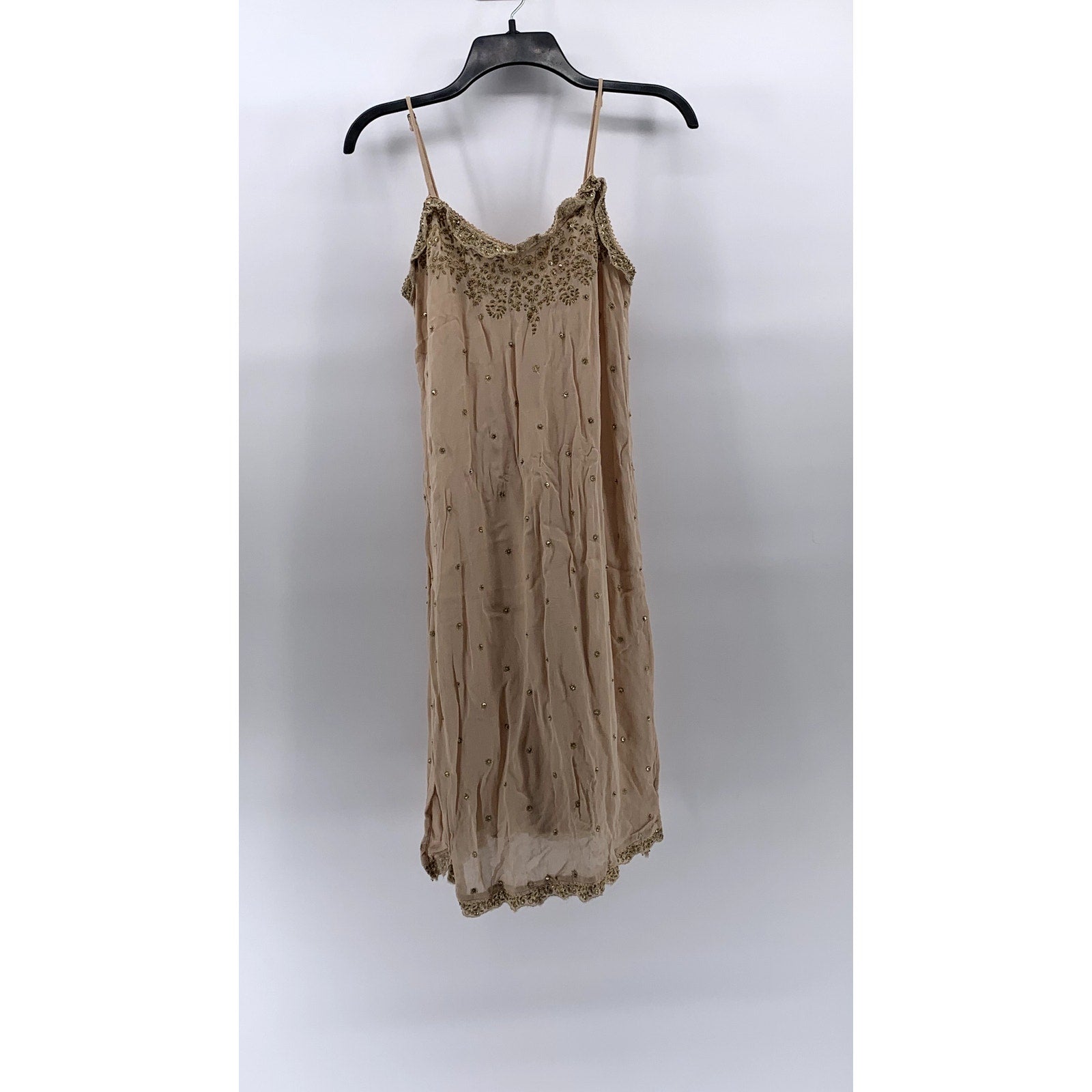 LOVE SAM Women's Petite Beige Sequin Embellished Sheer V-Neck Mini Dress SZ S/P