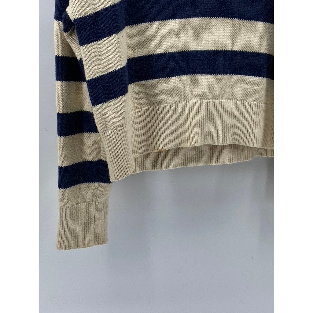 VELVET By GRAHAM & SPENCER Women's Beige-Black Striped Knit Sweater Polo SZ S