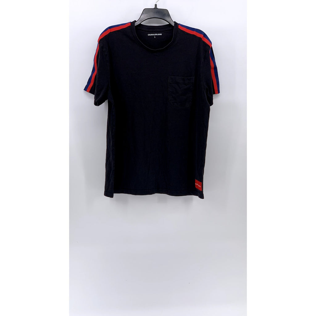 CALVIN KLEIN JEANS Men's Black Crewneck Shoulder Stripe Casual T-Shirt SZ L