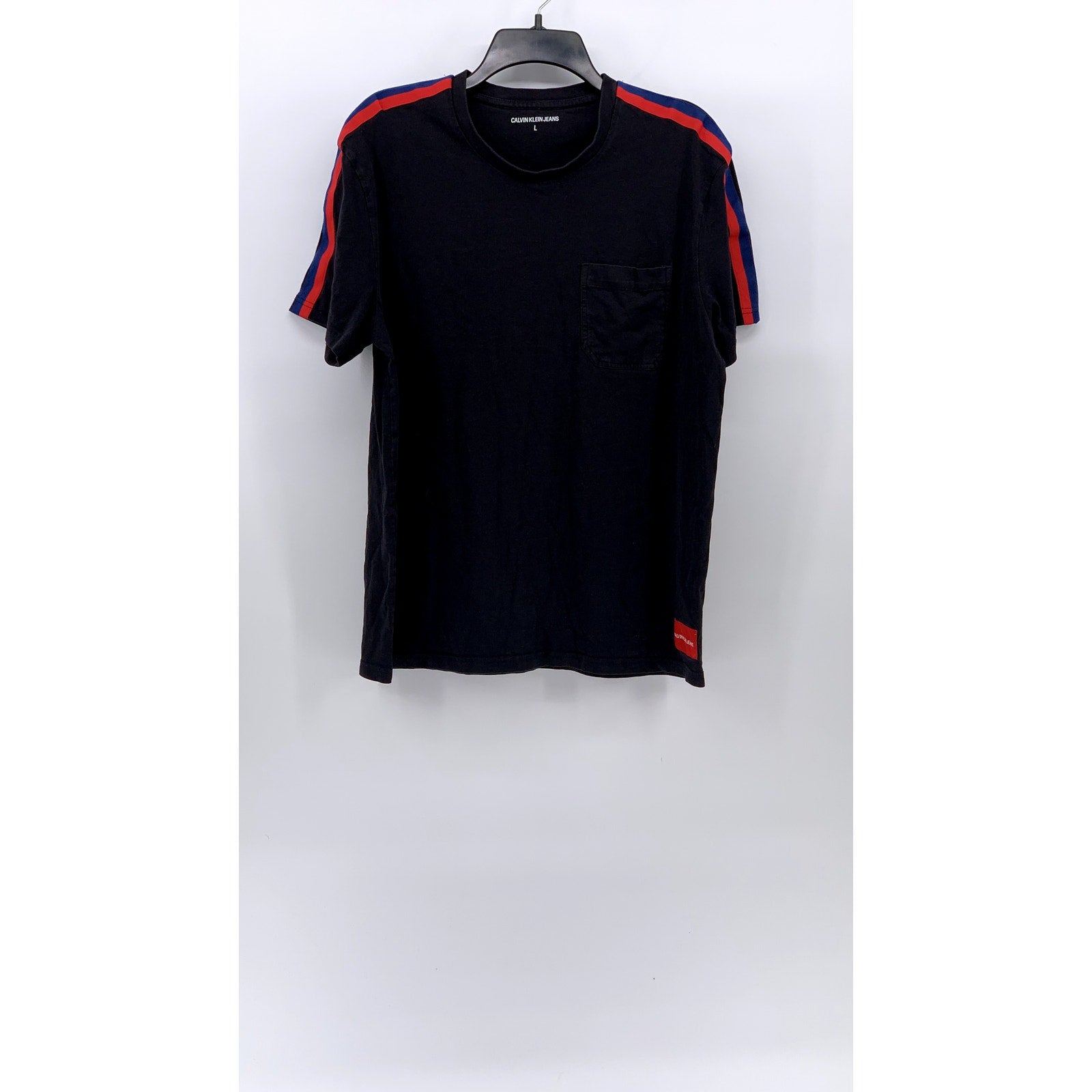 CALVIN KLEIN JEANS Men's Black Crewneck Shoulder Stripe Casual T-Shirt SZ L