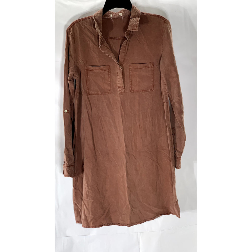 UNBRANDED Women's Burnt Orange Roll-Tab Long Sleeve Relaxed-Fit Henley Dress SZS