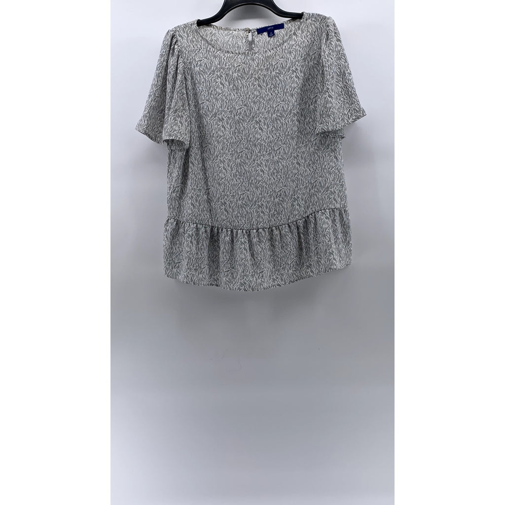 APT. 9 Women's White-Black Printed Crewneck Short Sleeve Ruffle-Hem Top SZ M