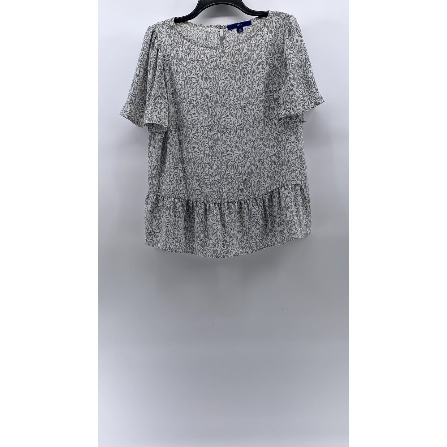 APT. 9 Women's White-Black Printed Crewneck Short Sleeve Ruffle-Hem Top SZ M