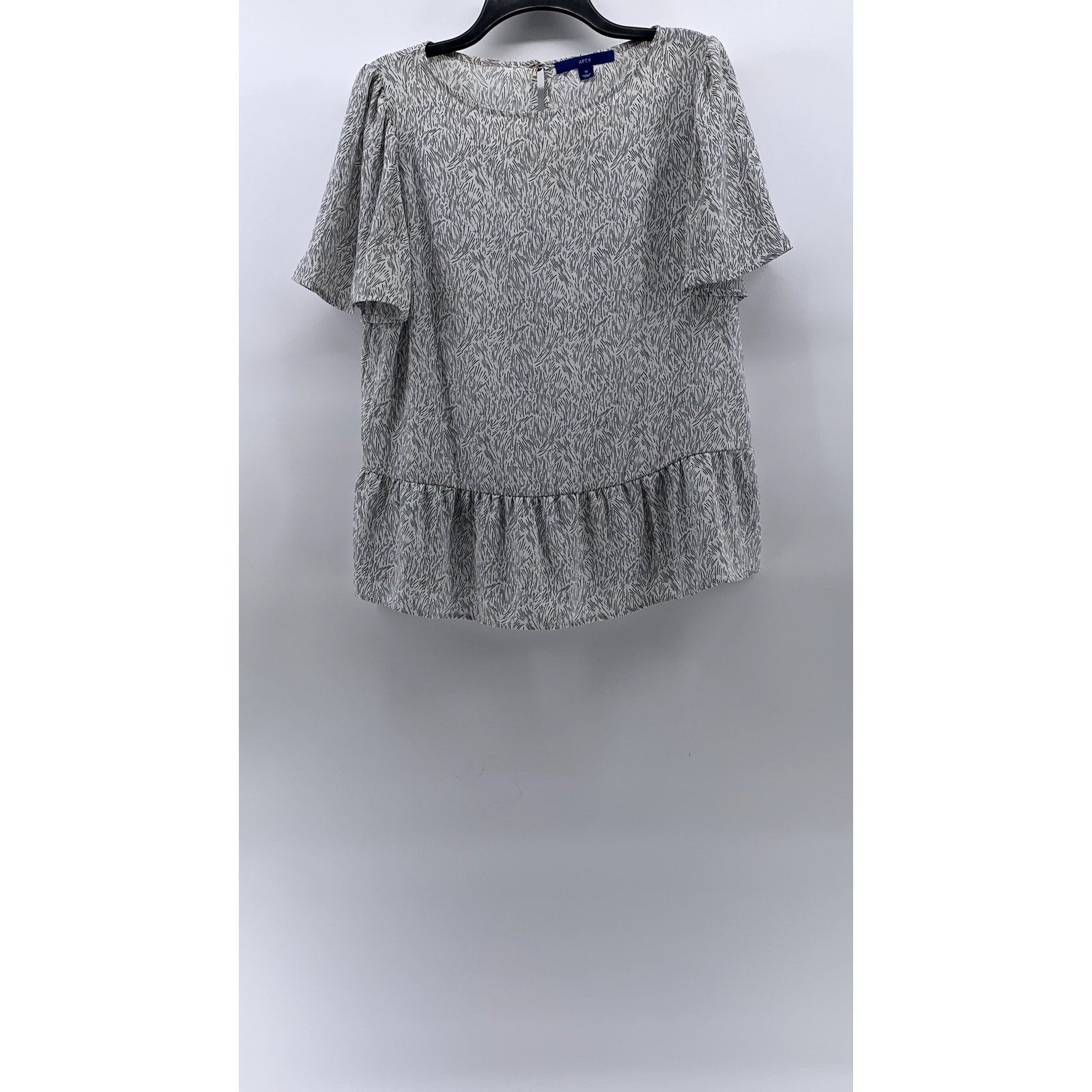 APT. 9 Women's White-Black Printed Crewneck Short Sleeve Ruffle-Hem Top SZ M