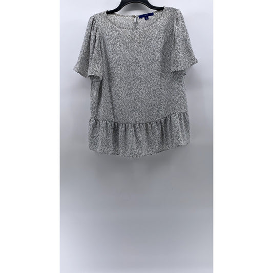 APT. 9 Women's White-Black Printed Crewneck Short Sleeve Ruffle-Hem Top SZ M