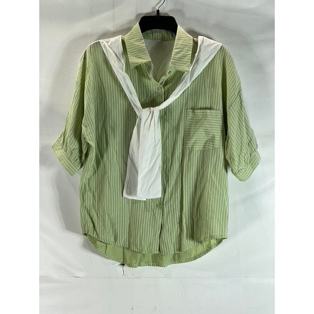 UNBRANDED Women's Green/White Pinstripe Preppy Over Shoulder Tie Top SZ XL