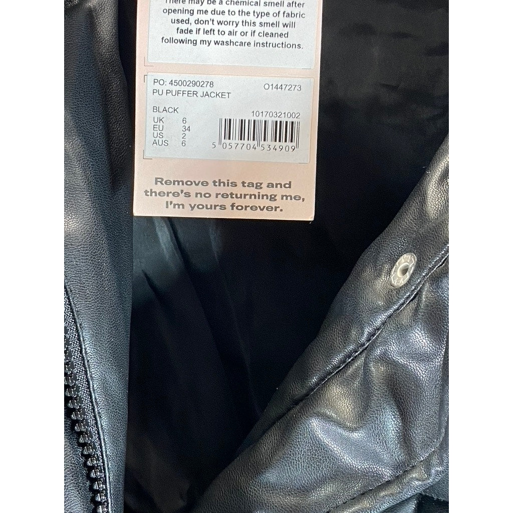 MISSGUIDED Women's Black Faux-Leather Mock-Neck Double-Closure Puffer Jacket SZ2