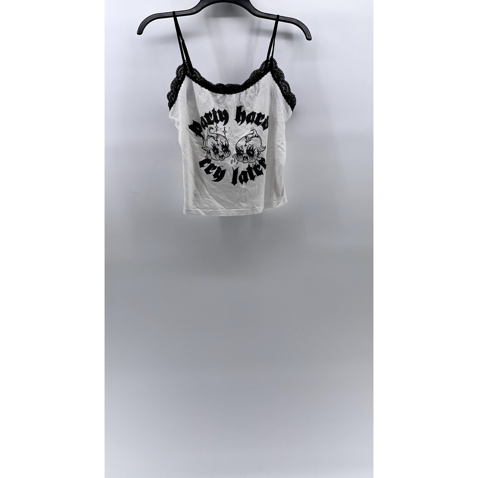 EYECANDY Women's White-Black Lace-Trim Party Hard Cry Later Cropped Tank SZ L
