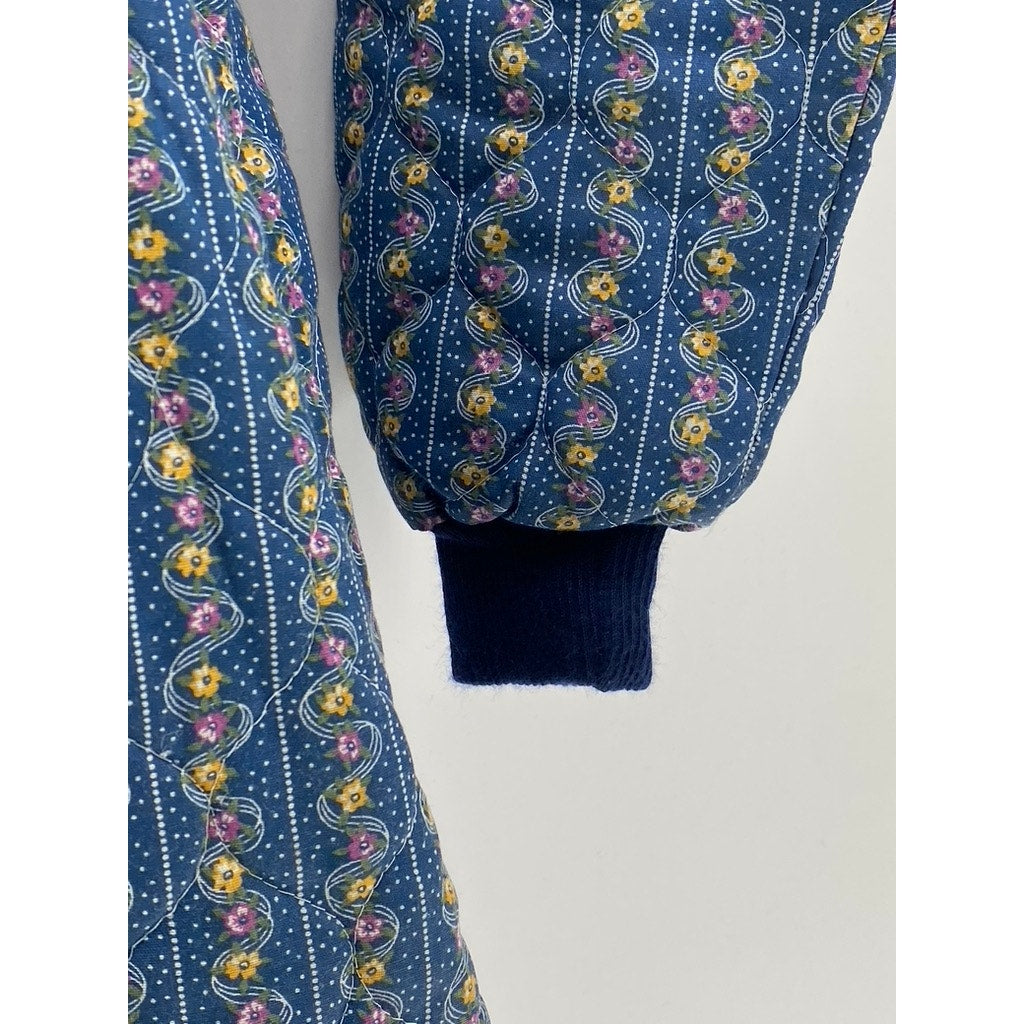 LILLIAN LOROW Women's Blue 1970's Liberty Floral Quilted Belted Jumpsuit SZ S