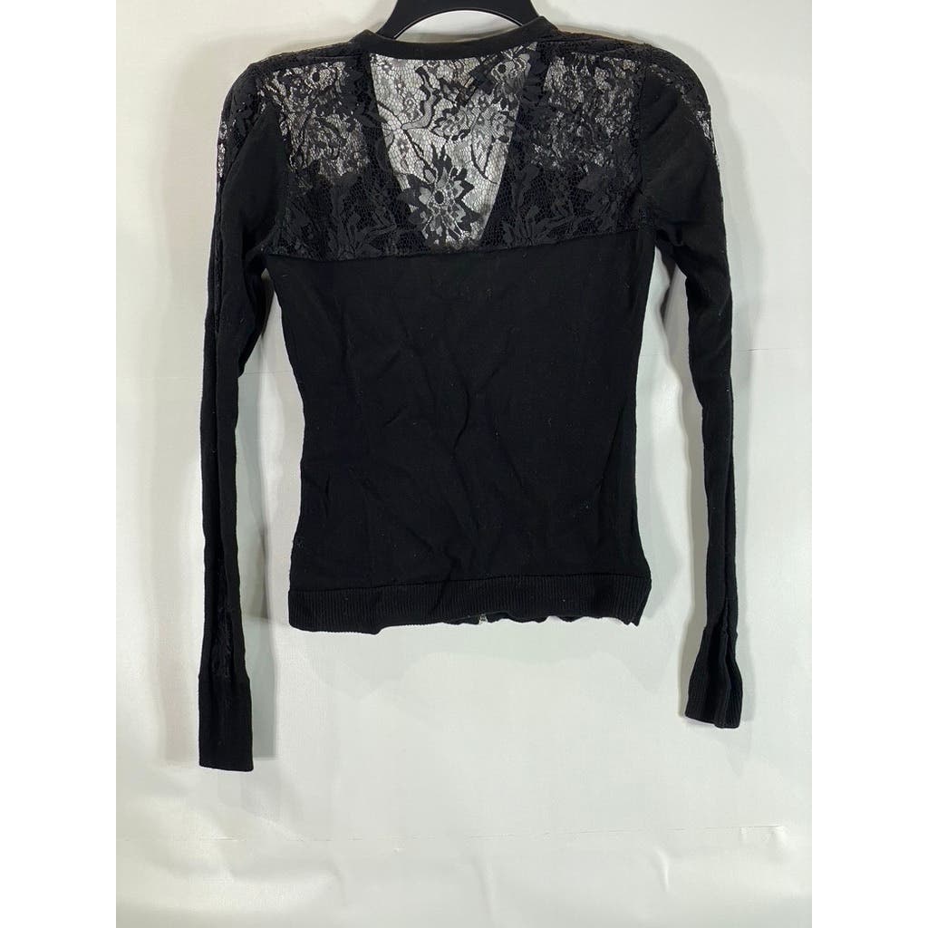 NANETTE LEPORE Women's Black Lace Zip-UP V-Neck Long Sleeve Top SZ XS