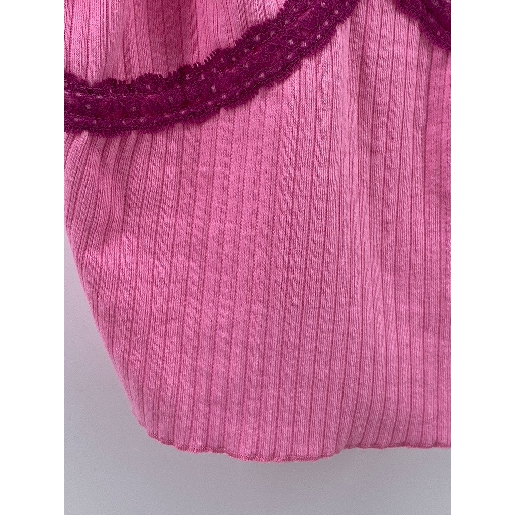 WILD FABLE Women's Pink Rib Knit Lace-Trim V-Neck Spaghetti Strap Cami Top SZ S