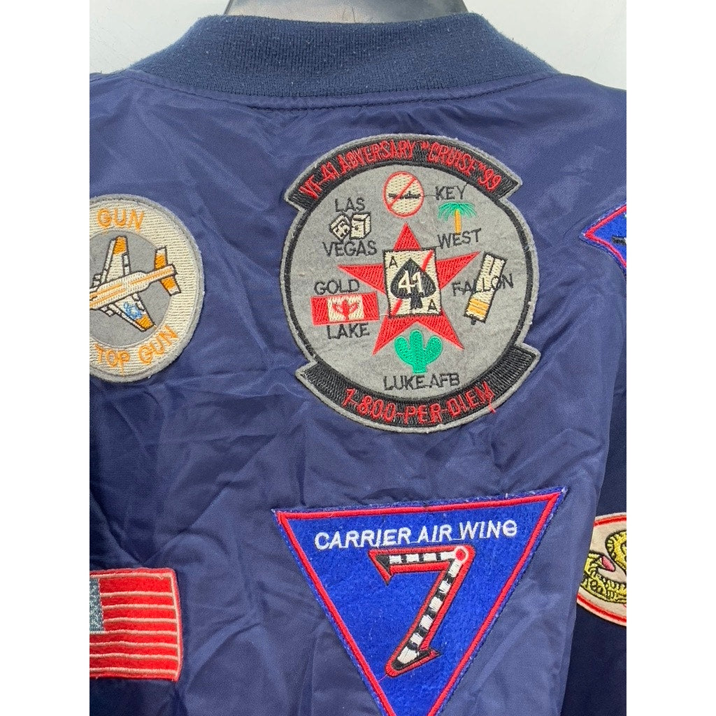 NEO-WOWS Men's Navy Vintage Patchwork Zip-Up Bomber Jacket SZ L