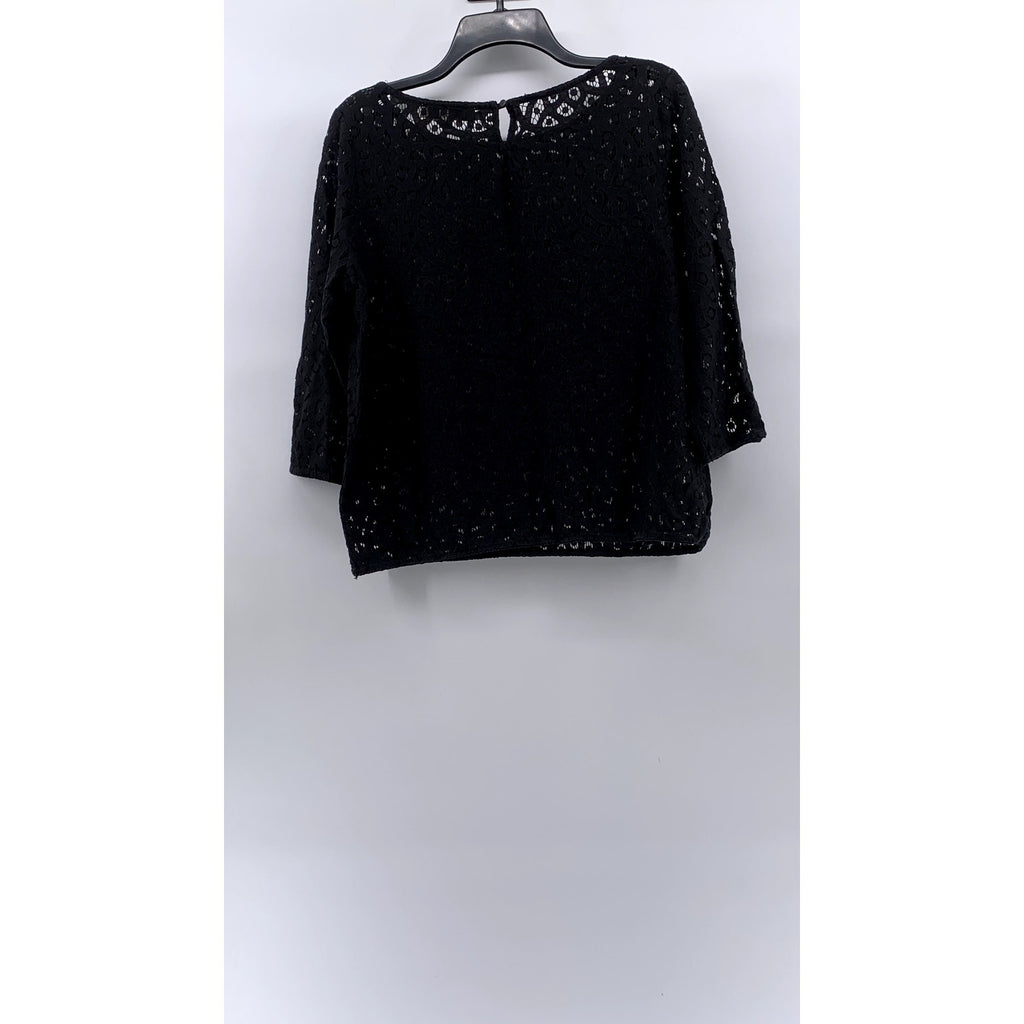 LOFT Women's Black Lace Relaxed Fit Boat-Neck Long Sleeve Top SZ M