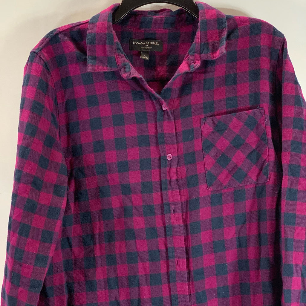 BANANA REPUBLIC Women's Wine/Navy Plaid Boyfriend-Fit Heavy Flannel Shirt SZ L
